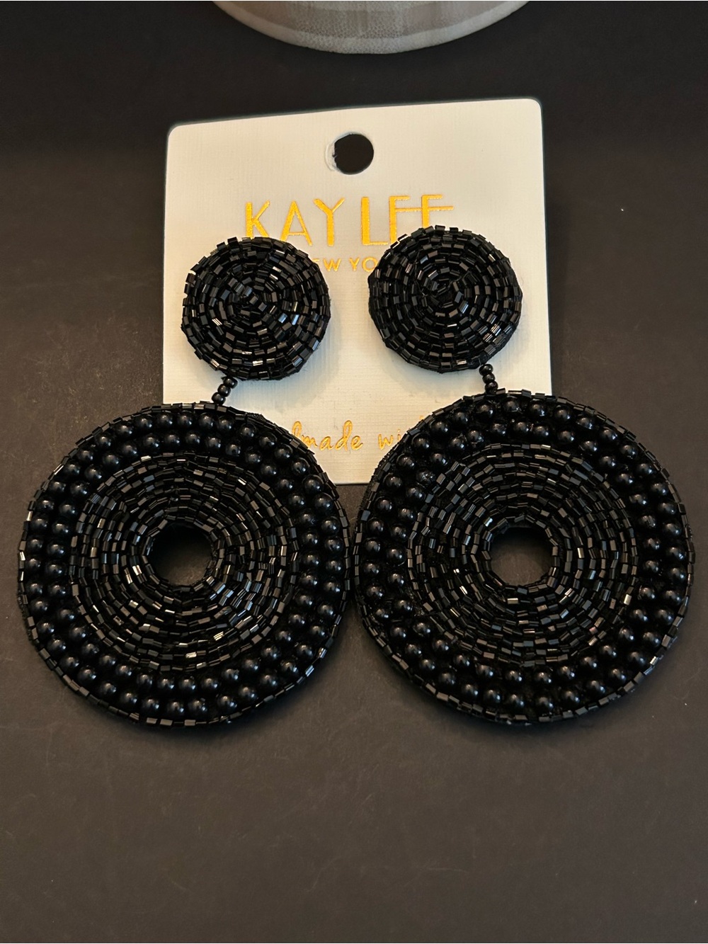 Kay Lee Jet Black Hand Beaded Boho Circle Design Drop Post Back Earrings